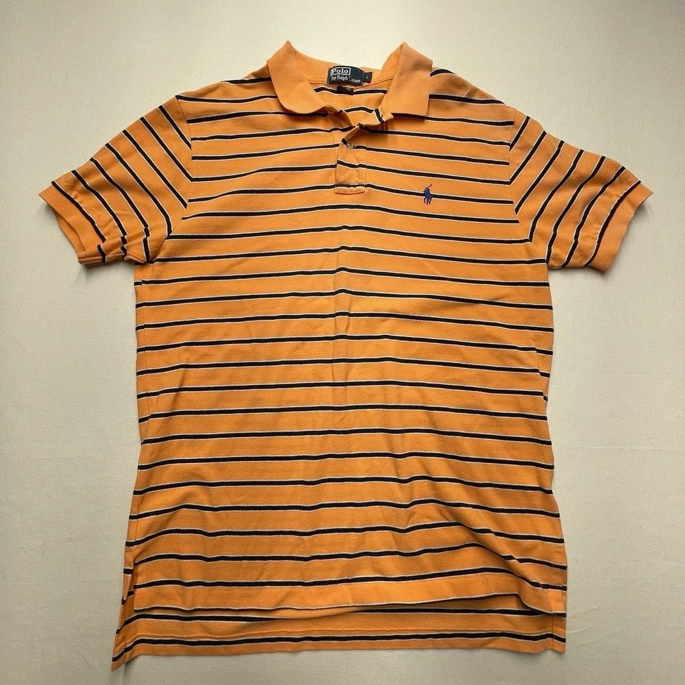 Vintage Polo Ralph‎ Lauren Polo Large Orange & Blue Striped Short Sleeve Flaw